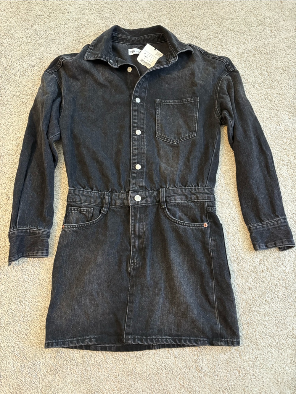 Zara Black Denim Women's Dress with Button Front, Small, NWT